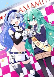 2girls artist_request black_hairband black_thighhighs blue_eyes blue_hair blue_sweater blush breasts colorized confetti date_a_live dutch_angle earpiece gloves green_eyes green_hair hairband highres izayoi_miku kyouno_natsumi long_hair long_sleeves microphone multiple_girls navel official_alternate_costume official_art one_eye_closed open_mouth race_queen skirt smile sweater thighhighs third-party_source tsunako vest white_gloves white_vest