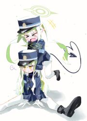 Rule 34 | &gt; &lt;, 2girls, arm support, black jacket, black shoes, black skirt, blue archive, demon tail, fang, full body, gloves, green hair, green halo, halo, highres, hikari (blue archive), jacket, long hair, multiple girls, nozomi (blue archive), open mouth, pantyhose, pointy ears, shadow, shoes, simple background, sitting, skin fang, skirt, tail, twintails, uracine (zakozako1919), white background, white gloves, white pantyhose, yellow eyes