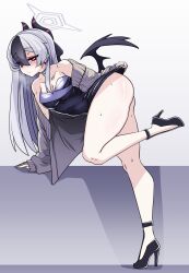 1girl absurdres ankle_strap arm_support ass bare_legs bare_shoulders bent_over black_choker black_dress black_hair black_horns blue_archive blush breasts bright_pupils choker cleavage closed_mouth clothes_lift collarbone commentary_request covered_navel demon_horns double-parted_bangs dress evening_gown eyes_visible_through_hair grey_halo grey_jacket hair_between_eyes halo high_heels highres horns jacket kayoko_(blue_archive) kayoko_(dress)_(blue_archive) korean_commentary lazy_ant leg_up long_hair long_legs long_sleeves looking_at_viewer medium_breasts mole mole_on_collarbone mole_on_neck multicolored_hair off_shoulder official_alternate_costume pear-shaped_figure red_eyes shiny_skin side_slit sideways_glance simple_background single_wing skirt skirt_lift sleeves_past_wrists solo studded_choker sweat thick_eyelashes thick_thighs thighs variant_set white_background white_hair white_pupils wings