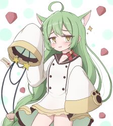 1girl absurdres ahoge akashi_(azur_lane) animal_ears azur_lane bell blush braid braided_ponytail breasts cat_ears cat_girl choker clam_shell collarbone commentary_request cowboy_shot dress dvomil gem_(azur_lane) green_hair hair_ornament highres holding holding_swimsuit holding_unworn_clothes jingle_bell long_braid long_hair open_mouth price_tag ribbon_choker sailor_dress simple_background single_braid sleeves_past_fingers sleeves_past_wrists small_breasts solo sparkle star_(symbol) swimsuit thighs unworn_swimsuit very_long_hair white_background wide_sleeves