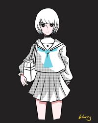 1girl arm_at_side artist_name bag black_background black_eyes blue_neckerchief blurryken highres kako_ni_torawareteiru_(tuyu) mole mole_under_eye neckerchief school_bag school_uniform short_hair solo standing white_hair