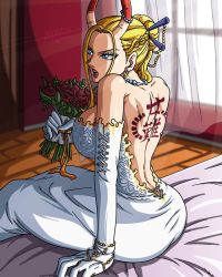 1girl alternate_costume bare_shoulders bbdbg03 black_maria_(one_piece) blonde_hair blue_eyes bouquet breasts bride female_focus flower highres horns large_breasts marriage mature_female one_piece rose solo tattoo