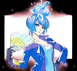 Rule 34 | 1girl, ancient greek clothes, animification, blue fire, blue hair, blue lips, closed mouth, disneyland, fiery hair, fire, formal clothes, gloves, greco-roman clothes, lipstick, long sleeves, looking at viewer, makeup, ms. hades, solo, suit, tsuntsun (tuuuuuuntun)