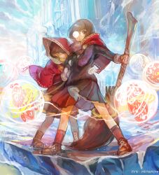Rule 34 | 2girls, akaneko (redakanekocat), ankle socks, arm hug, artist name, black shirt, black skirt, bob cut, broom, brown eyes, brown hair, commentary request, copyright name, floating hair, full body, glasses, grabbing another&#039;s arm, holding, holding broom, hood, hood up, ice, magical girl, mittens, multiple girls, one eye covered, opaque glasses, outdoors, partially opaque glasses, pixiv fantasia, pixiv fantasia t, pleated skirt, red shawl, red socks, round eyewear, shawl, shirt, short hair, skirt, socks