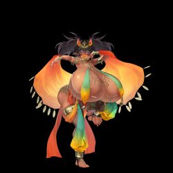Rule 34 | 1girl, areola slip, armlet, armpits, barefoot, belly, black background, black hair, bracelet, breasts, covered erect nipples, dancer, dark-skinned female, dark skin, earrings, full body, gigantic breasts, haitai umita, harem pants, highres, horns, jewelry, large areolae, long hair, looking at viewer, original, pants, pointy ears, ring, simple background, solo, twintails