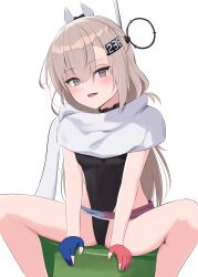1girl absurdres asymmetrical_gloves belt black_one-piece_swimsuit feet_out_of_frame gloves grey_eyes grey_hair hair_ornament hairclip headgear highleg highleg_one-piece_swimsuit highres kantai_collection l_meet long_hair mismatched_gloves one-piece_swimsuit partially_fingerless_gloves profanity scarf simple_background sitting solo swimsuit wahoo_(kancolle) white_background