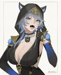 1girl absurdres animal_ears armpit_cutout artist_name bake_ryori black_gloves blue_eyes breasts cat_ears cipher_(honkai:_star_rail) cleavage clothing_cutout fangs finger_in_own_mouth fingerless_gloves gloves grey_background grey_hair highres honkai:_star_rail honkai_(series) hood large_breasts long_sleeves looking_at_viewer mole open_mouth simple_background solo twitter_username upper_body