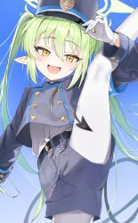 1girl :d artist_request belt black_tail blue_archive blue_background blue_sky blush demon_tail fang gloves green_hair green_halo hair_between_eyes halo hat highres jacket long_hair long_sleeves looking_at_viewer nozomi_(blue_archive) open_mouth pantyhose peaked_cap pointy_ears shorts sky smile solo split standing standing_on_one_leg standing_split tail train_conductor twintails very_long_hair white_gloves white_pantyhose yellow_eyes