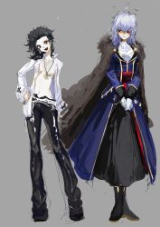 ascot belt black_hair black_pants boots breasts coat collared_shirt dress earrings evil_smile formal_clothes fur_coat genderswap genderswap_(mtf) gloves hair_slicked_back hand_on_own_hip huge_breasts jewelry long_hair michael_roa_valdamjong necklace no_bra open_fly pants red_eyes rong301718 rough_sketch shirt sketch sleeve_cuffs smile tsukihime tsukihime_(remake) vampire vlov_arkhangel white_gloves white_hair white_shirt