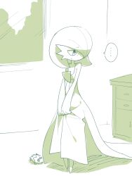 Rule 34 | ..., absurdres, blush, bob cut, dress, gardevoir, gen 3 pokemon, gen 5 pokemon, hair over one eye, highres, hime takeo, indoors, joltik, nintendo, pokemon, pokemon (creature), simple background, sweatdrop, white dress, window