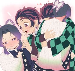 Rule 34 | 1boy, alternate universe, animal print, belt, black hair, blue butterfly, blush, brown hair, bug, butterfly, butterfly print, checkered clothes, checkered haori, checkered sash, closed eyes, contemporary, couple, demon slayer uniform, earrings, flower, gradient hair, hanafuda, hanafuda earrings, haori, highres, hug, insect, japanese clothes, jewelry, kamado tanjirou, kimetsu no yaiba, kishimen hair, kochou shinobu, multicolored hair, open mouth, purple butterfly, scar, scar on face, scar on forehead, smile, sword writing, updo, user fhwv8447, white belt, wisteria