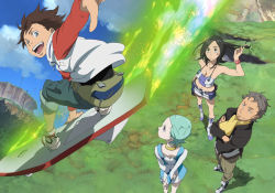 00s 2boys 2girls adjusting_hair arms_behind_back ascot black_hair blue_eyes bracelet breasts brown_hair cloud crossed_arms day denim eureka_(eureka_seven) eureka_seven eureka_seven_(series) facial_hair facial_mark flying from_above full_body goatee grabbing grass green_hair grin holland holland_novak jeans jewelry long_sleeves looking_at_viewer looking_up medium_breasts miniskirt multiple_boys multiple_girls necklace official_art outdoors pants purple_eyes raglan_sleeves renton renton_thurston short_hair skirt smile smirk standing talho_yuuki yoshida_ken&#039;ichi