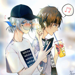 Rule 34 | 2boys, belt, black hairband, black hat, black shirt, blue eyes, blue hair, brown hair, cellphone, cup, drink, earphones, earrings, english text, glasses, grey jacket, hair ribbon, hairband, hat, highres, holding, holding cup, holding drink, holding phone, jacket, jewelry, juice, khun aguero agnis, looking at viewer, multiple boys, musical note, pabst blue ribbon, peaked cap, phone, ponytail, ribbon, round eyewear, shared earphones, shirt, short hair, simple background, smartphone, speech bubble, t-shirt, thought bubble, tower of god, twenty-fifth bam, viloost, white shirt, yellow eyes