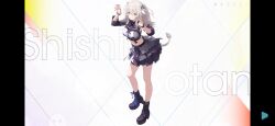 Rule 34 | animal ears, black footwear, black nails, boots, bracelet, breasts, earrings, highres, hololive, hololive idol uniform (color rise), jewelry, lion ears, lion girl, lion tail, midriff, official alternate costume, platform footwear, pleated skirt, screencap, shishiro botan, skirt, smile, tail, virtual youtuber, white hair