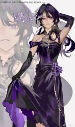 1girl 2025 absurdres arm_behind_head armpits ayame_en_(ouge_dz) bare_shoulders black_dress black_gloves bow character_name chinese_commentary collared_shirt commentary_request cowboy_shot dress dress_flower elbow_gloves english_text flower formal_clothes frilled_dress frills gloves grey_background grey_shirt hair_bow halter_shirt halterneck happy highres long_hair looking_at_viewer off-shoulder_dress off_shoulder original ouge_dz pansy purple_flower purple_hair see-through_clothes see-through_shirt shirt shirt_under_dress short_sleeves skirt_hold solo watermark weibo_watermark white_bow zoom_layer