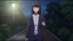 1girl animated bag black_hair business_suit closed_eyes drooling formal_clothes highres holding holding_bag long_hair night outdoors park seika_jogakuin_kounin_sao_ojisan solo sound suit tagme video walking