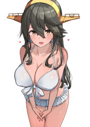 1girl bikini bikini_skirt black_hair breasts brown_eyes cleavage commission frilled_bikini frills front-tie_bikini_top front-tie_top hair_ornament hairclip haruna_(2016_swimsuit)_(kancolle) haruna_(kancolle) headgear highres kantai_collection large_breasts leaning_forward long_hair osananajimi_neko own_hands_clasped own_hands_together simple_background solo swimsuit thigh_gap white_background white_bikini
