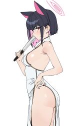 Rule 34 | 1girl, absurdres, alternate costume, animal ears, ass, black hair, blue archive, blunt bangs, blush, breasts, cat ears, china dress, chinese clothes, colored inner animal ears, colored inner hair, commentary, covered mouth, cowboy shot, dress, extra ears, fanged bangs, folding fan, from side, halo, hand fan, highres, holding, holding fan, kazusa (blue archive), looking at viewer, medium breasts, multicolored hair, pelvic curtain, pink hair, pink halo, profile, red eyes, riel (rielilu), short hair, side slit, sideboob, simple background, sleeveless, sleeveless dress, slit pupils, solo, standing, sweatdrop, symbol-only commentary, two-tone hair, white background, white dress