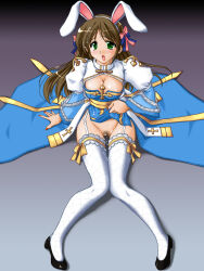 1girl animal_ears arch_bishop_(ragnarok_online) black_shoes blue_bow blue_dress blush bow breasts brown_hair brown_pubic_hair character_name cleavage cleavage_cutout clothes_lift clothing_cutout commentary_request cross cum cum_on_body cum_on_breasts cum_on_crotch cum_on_upper_body dress facial fake_animal_ears female_pubic_hair fingernails fishnet_thighhighs fishnets frilled_thighhighs frills full_body green_eyes hair_bow juliet_sleeves large_breasts long_hair long_sleeves looking_at_viewer no_panties open_mouth pelvic_curtain pelvic_curtain_lift pink_bow pubic_hair puffy_sleeves rabbit_ears ragnarok_online red_nails sash shoes sitting solo tatsumi_ray thighhighs translation_request two-tone_dress white_dress white_thighhighs yellow_sash