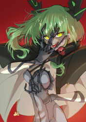Rule 34 | 1girl, arakan, black rock shooter, black rock shooter: dawn fall, breasts, cloak, commentary request, dead master, dress, green hair, grey dress, hand on own face, headgear, highres, long hair, looking at viewer, open mouth, prosthesis, prosthetic hand, small breasts, smile, solo, tongue, tongue out, upper body, yellow eyes