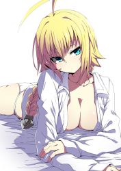 1girl ahoge blazblue blonde_hair blue_eyes braid breasts es_(xblaze) hair_between_eyes hair_ornament huge_ahoge kaname_nagi large_breasts long_hair open_clothes single_braid xblaze xblaze_code:_embryo