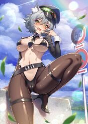 1girl animal_ear_fluff animal_ears bikini black_bikini black_hat black_pantyhose black_shoes blush breasts cameltoe cat_ears cloud cloudy_sky cluseller commentary_request day embarrassed green_eyes grey_hair hand_up hat high_heels highres large_breasts long_sleeves looking_at_viewer navel open_mouth original outdoors pantyhose shoes short_hair skindentation sky solo stomach swimsuit tearing_up thigh_strap thighs underboob