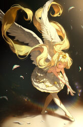 1girl absurdres ballerina ballet ballet_slippers bangsom black_background blonde_hair blue_eyes blush breasts closed_mouth commentary_request dancing dress falling_feathers feathered_wings feathers full_body highres light_particles long_hair mixed-language_commentary nora_(bangsom) original pantyhose skyline small_breasts smile tutu twintails very_long_hair white_dress white_pantyhose white_wings wind wings