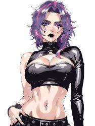 Rule 34 | 1girl, absurdres, belt, black belt, black lips, black nails, black shrug, black tube top, boku no hero academia, breasts, cleavage, commentary, english commentary, eyeshadow, highres, lady nagant, large breasts, looking at viewer, lorna12155671, makeup, navel piercing, piercing, pink streaks, purple eyes, purple eyeshadow, purple hair, shrug (clothing), simple background, snakebite (piercing), solo, strapless, tube top, white background