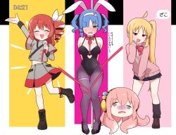 4girls @_@ ahoge akita_neru amogan arm_up arms_behind_back belt black_background black_boots black_leotard black_shoes black_sleeve_cuffs black_socks blonde_hair blue_hair blush bocchi_the_rock! boots bow bowtie breasts closed_eyes commentary_request cosplay crossover detached_ahoge drill_hair facial_tattoo full_body gotoh_hitori grey_pantyhose grey_skirt hair_between_eyes hair_bow hair_over_one_eye hair_ribbon hand_up hatsune_miku headphones high_heels highres holding holding_microphone ijichi_nijika kasane_teto kasane_teto_(cosplay) kasane_teto_(sv) kita_ikuyo kneehighs lace-up_boots large_breasts layered_sleeves leaning_to_the_side leg_up leotard long_hair long_sleeves megurine_luka microphone midriff_peek miniskirt multiple_girls open_mouth orange_hair pantyhose pink_background pink_hair pink_sweater rabbit_hole_(vocaloid) red_bow red_bowtie red_hair red_skirt red_socks ribbon shoes short_twintails shoulder_belt side_drill side_ponytail skirt socks speech_bubble standing standing_on_one_leg sweat sweater synthesizer_v takoluka tattoo tentacles tetoris_(synthesizer_v) thigh_belt thigh_strap translation_request twintails utau very_long_hair vocaloid white_background white_bow white_ribbon yamada_ryo yellow_background yellow_eyes zako_(phrase) zako_(vocaloid)