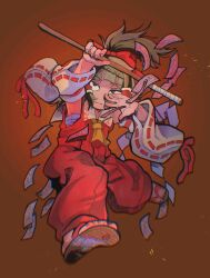 1girl absurdres ascot baggy_pants bandages black_hair bow chest_sarashi chromatic_aberration closed_mouth detached_sleeves embers gohei hair_bow hair_tubes hakurei_reimu hand_over_face highres holding holding_gohei inuyama_konan japanese_clothes light_smile long_sleeves nontraditional_miko ofuda ofuda_on_clothes orange_background pants red_bow red_pants red_ribbon ribbon ribbon-trimmed_sleeves ribbon_trim sandals sanpaku sarashi shoe_soles sidelocks sleeve_garter solo touhou waist_bow white_sleeves wide_sleeves yellow_ascot