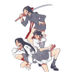 3girls black_hair blunt_bangs commentary dress english_commentary eunha_(gfriend) gfriend grey_socks hair_ribbon hand_on_own_hip high_heels highres hobibiscuit holding holding_sword holding_weapon k-pop long_hair multiple_girls on_one_knee real_life red_eyes red_ribbon red_socks ribbon short_hair simple_background sinb_(gfriend) socks sword umji_(gfriend) viviz weapon white_background