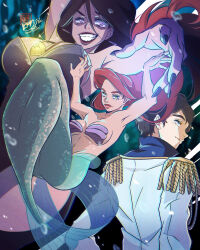 110isato 1boy 2023 2girls absurdres ariel_(disney) bikini black_hair black_nails breasts bubble cleavage disney disney_princess epaulettes eric_(disney) fingernails green_eyes grey_eyes highres jewelry long_fingernails long_hair mermaid midriff monster_girl multiple_girls muscular muscular_female navel necklace ocean prince princess purple_eyes red_hair shell shell_bikini shell_necklace signature swimsuit the_little_mermaid_(disney) underboob underwater ursula_(disney)