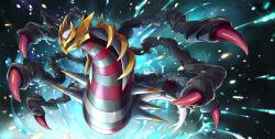 Rule 34 | absurdres, claws, commentary request, energy, fish.boy, full body, gen 4 pokemon, giratina, giratina (origin), highres, legendary pokemon, light particles, looking to the side, nintendo, no humans, pokemon, pokemon (creature), red eyes, solo, spikes