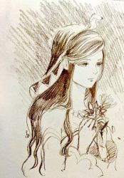 1girl chrono_cross commentary_request female_focus jewelry long_hair monochrome necklace riddel solo