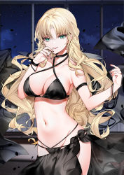 1girl absurdres arm_strap bare_shoulders bikini black_bikini black_choker black_nails blonde_hair breasts choker cigarette cleavage collarbone cowboy_shot criss-cross_halter green_eyes groin halterneck hands_up highres holding holding_cigarette large_breasts long_hair looking_at_viewer meitantei_conan multi-strapped_bikini nail_polish navel open_mouth parted_bangs sarong skindentation smile solo standing stomach string_bikini swimsuit vermouth_(meitantei_conan) very_long_hair wavy_hair yukineko1018