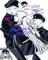 Rule 34 | 1boy, 1girl, atyakodayo1, bandaged head, bandages, black serafuku, blush, chibi, chibi inset, colored tongue, commentary request, crying, gakuran, gakuseibou, geminism, hair ribbon, hat, headpat, heart, highres, hirosoma kikyou, hug, jacket, kiss, kissing forehead, licking another&#039;s arm, long hair, long sleeves, looking at another, midriff peek, multiple views, one eye covered, open mouth, pants, purple eyes, purple ribbon, purple tongue, ribbon, saliva on hand, school uniform, serafuku, shirt, simple background, skirt, tongue between fingers, translation request, two side up, white hair, yamaga awasumi