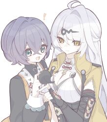 2girls absurdres ahoge belle_(delicate_sunlight)_(zenless_zone_zero) belle_(zenless_zone_zero) bird black_bird black_shirt breasts cleavage dress_over_shirt elbow_gloves gloves green_eyes hair_between_eyes hair_ornament highres jacket large_breasts letter_hair_ornament long_hair mole mole_on_chest multiple_girls official_alternate_costume shirt short_hair single_elbow_glove single_hair_intake smile upper_body white_background yellow_jacket yin_yang_pin yixuan_(zenless_zone_zero) zenless_zone_zero zzzii0