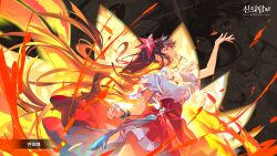 1girl black_hair breasts clenched_hand colored_inner_hair embers fire floating_hair flower game_cg hair_flower hair_ornament hairband hand_up highres hwa_ryun korean_clothes long_hair looking_up multicolored_hair petals red_eyes red_skirt ribbon shirt skirt solo tower_of_god tower_of_god:_great_journey uoongpig white_shirt