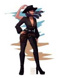 Rule 34 | 1girl, absurdres, black hair, black hat, black shirt, black shoes, blue eyes, boots, breasts, cleavage, commentary, devil fruit power, english commentary, extra arms, floating hair, full body, hand on own hip, hat, high heels, highres, long sleeves, looking to the side, nico robin, one piece, pkhibiya, shirt, shoes, solo, thigh boots