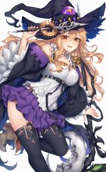 1girl black_hat black_sleeves black_thighhighs blonde_hair breasts brown_eyes daria_(shingeki_no_bahamut) detached_sleeves eye_on_hat hat highres holding holding_wand large_breasts long_hair looking_at_viewer open_mouth pleated_skirt purple_skirt shadowverse shadowverse:_worlds_beyond shirt simple_background skirt sleeveless sleeveless_shirt snm_(sunimi) staff thighhighs underbust wand white_background white_shirt wide_sleeves witch witch_hat zettai_ryouiki