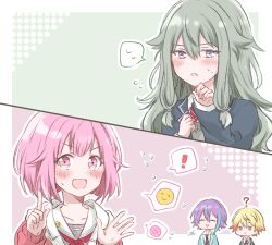 ! 2boys 2girls ? asymmetrical_bangs blazer blonde_hair blue_hair blush bow bowtie cardigan closed_eyes commentary_request flying_sweatdrops green_hair hair_flaps index_finger_raised jacket kaku3561 kamishiro_rui kusanagi_nene long_hair long_sleeves multicolored_hair multiple_boys multiple_girls necktie ootori_emu open_mouth orange_hair pink_background pink_hair project_sekai purple_eyes purple_hair school_uniform serafuku short_hair smile smiley_face spoken_exclamation_mark spoken_smile spoken_sweatdrop streaked_hair sweat sweatdrop tenma_tsukasa wonderlands_x_showtime_(project_sekai)