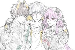 Rule 34 | 1girl, 2boys, arm ribbon, black coat, black dress, black flower, black gloves, black hair, blush, caelus (honkai: star rail), chinese clothes, closed eyes, closed mouth, clothing cutout, coat, collarbone, collared dress, commentary request, dan heng (honkai: star rail), dragon boy, dragon horns, dress, evernight (honkai: star rail), fingerless gloves, flower, gloves, green eyes, grey hair, hair between eyes, hair flower, hair ornament, hairclip, hands on another&#039;s shoulders, highres, honkai: star rail, honkai (series), hood, hooded coat, horns, long hair, long sleeves, looking at another, lovely cun, march 7th (honkai: star rail), multiple boys, official alternate costume, official alternate hairstyle, open clothes, open coat, pink hair, red eyes, red flower, ribbon, shirt, short hair, shoulder cutout, sidelocks, simple background, single bare shoulder, sketch, smile, t-shirt, tearing up, teeth, trailblazer (honkai: star rail), two-sided coat, two-sided fabric, two-tone dress, upper body, white background, white coat, white dress, white shirt, yellow coat, zipper