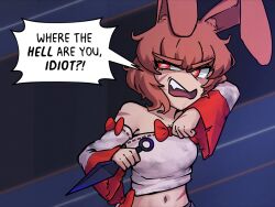 1girl animal_ears boopy_(datboopy) bow commentary dagger dancer_rabbit detached_sleeves english_commentary english_text highres holding holding_dagger holding_knife holding_weapon knife kunai navel open_mouth orange_eyes orange_hair rabbit_and_steel rabbit_ears rabbit_girl red_bow ribbon-trimmed_sleeves ribbon-trimmed_tube_top ribbon_trim short_hair solo strapless tube_top upper_body weapon white_sleeves white_tube_top