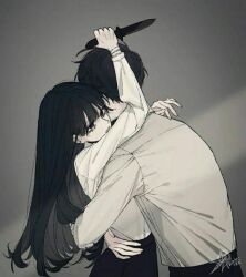 Rule 34 | 1boy, 1girl, artist request, couple, hug, knife, tagme, watermark