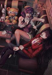 2girls absurdres animal_ear_hairband animal_ears arrow_(projectile) bandaged_hand bandages bandaid bandaid_on_arm black_hair black_lips black_pants bone_hair_ornament breasts card dice dog_ear_hairband ear_piercing eyepatch face_piercing fake_animal_ears finger_piercing four_of_spades gun hair_ornament hairband hairclip hand_on_own_chest handgun heart highres holding holding_microphone ikishima_midari jabami_yumeko jacket kakegurui leash lip_piercing microphone miseqi multiple_girls orange_eyes pants piercing plankton_(spongebob) playing_card purple_hair purple_nails red_eyes red_jacket revolver roulette_table seven_of_diamonds sitting skirt spiked_hairband spikes spongebob_squarepants_(series) stuffed_animal stuffed_rabbit stuffed_toy table teddy_bear thumb_ring tongue tongue_out tongue_piercing weapon