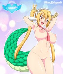 1girl absurdres armpits arms_up between_breasts blonde_hair blush breasts character_name dragon_girl dragon_horns dragon_tail elbow_gloves female_focus gloves highres horns kobayashi-san_chi_no_maidragon large_breasts large_tail long_hair loreleth maid_headdress naked_necktie navel necktie necktie_between_breasts nipples nude open_mouth orange_eyes pussy red_necktie shiny_skin simple_background smile solo sparkle_background tail teeth tohru_(maidragon) twintails upper_teeth_only