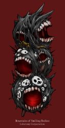 absurdres black_eyes character_name copyright_name flesh highres lobotomy_corporation looking_at_viewer mask monster mountain_of_smiling_bodies no_humans open_mouth project_moon red_background simple_background teeth yatsumeunagi