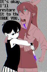 1boy 1girl age_difference aubrey_(headspace)_(omori) aubrey_(omori) black_eyes black_hair english_text height highres holding holding_behind_back holding_knife holding_knife_behind_back hug knife omori omori_(omori) omori_hammer onee-shota