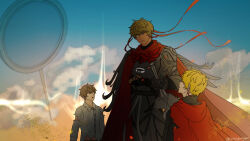 1264276395 absurdres armlet armor black_shirt blonde_hair bracelet cape earrings gloves highres jewelry looking_at_another looking_down looking_up red_cape sheath sheathed shirt shoulder_armor signature sky sword torn_cape torn_clothes torn_shirt tower_of_god twenty-fifth_bam weapon yellow_eyes zahard zahard_(data)