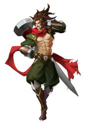 1boy abs absurdres blazblue boots brown_hair daziran_de_duqiyan full_body green_pants highres male_focus muscular muscular_male open_mouth pants puffy_pants red_eyes red_scarf scarf shishigami_bang shredded_muscles simple_background solo white_background